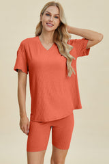 Basic Bae Full Size Ribbed V-Neck Short Sleeve Top and Shorts Set from Enfance-Heureuse