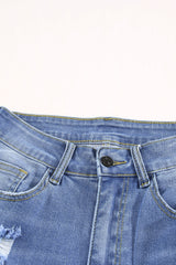 Blue Raw Hem Denim Jorts with Distressed Details, Mid-Stretch Slash Pockets Bermuda Denim Shorts, Women's Denim Jeans & Apparel from MsDressly