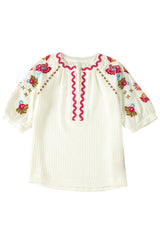 Beige Floral Embroidered Ricrac Puff Sleeve Textured Blouse from MsDressly