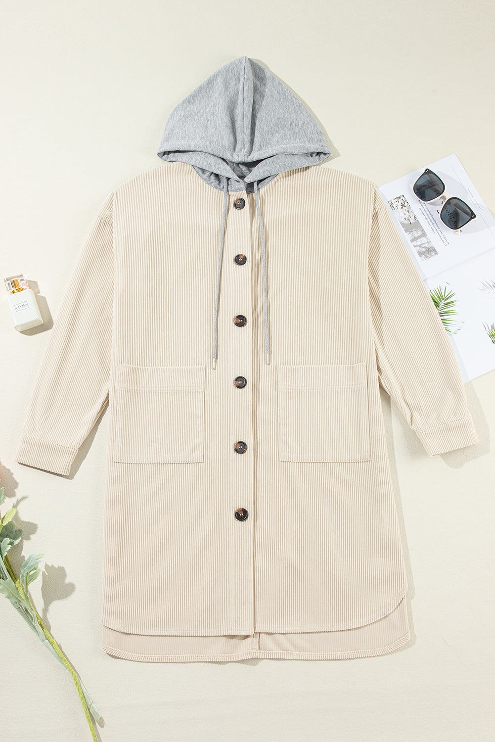 Beige Oversized Corduroy Contrast Hooded Shacket from MsDressly
