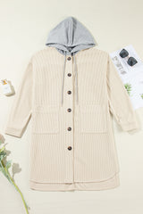 Beige Oversized Corduroy Contrast Hooded Shacket from MsDressly