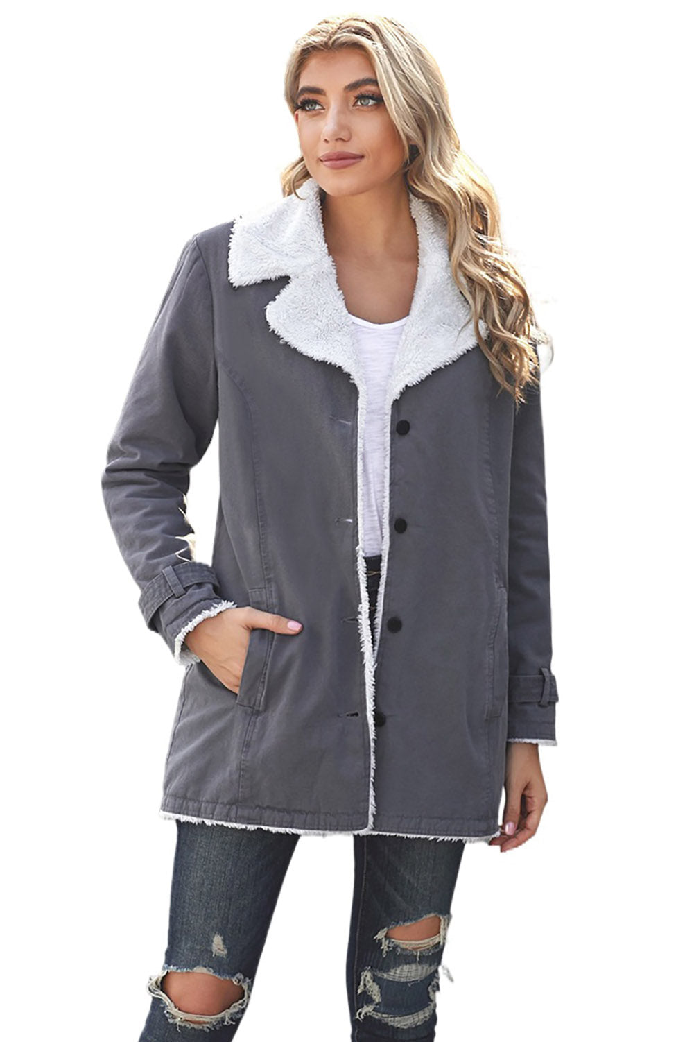 Casual Denim Coat with Plush Lining from MsDressly