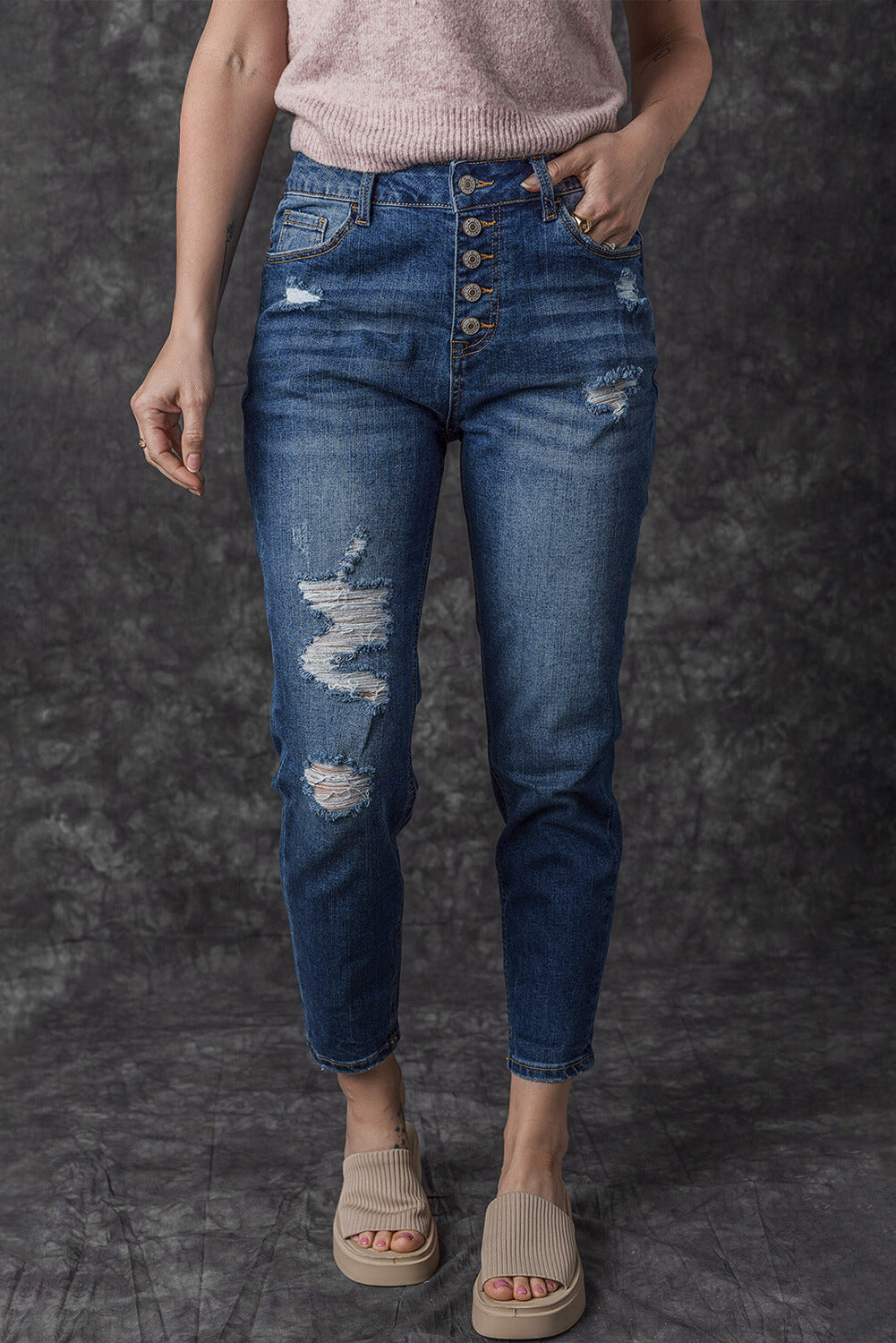 Bailee Distressed Button Fly High Waist Jeans From Threaded Pear