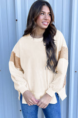 Apricot Corduroy Patchwork Drop Shoulder Long Sleeve Sweatshirt from MsDressly