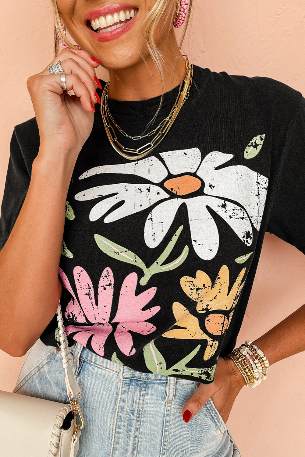 Black Retro Floral Print Crew Neck Casual T Shirt from MsDressly