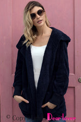 Blue Soft Fleece Hooded Open Front Coat From MsDressly
