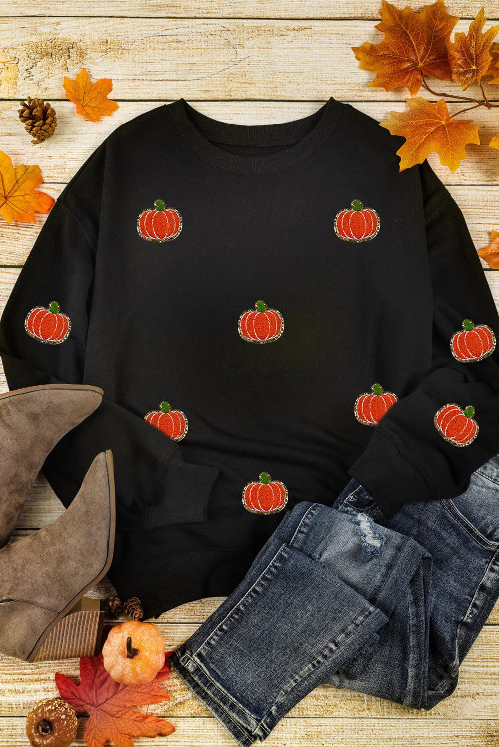 Black Halloween Pumpkin Graphic Drop Shoulder Sweatshirt from MsDressly