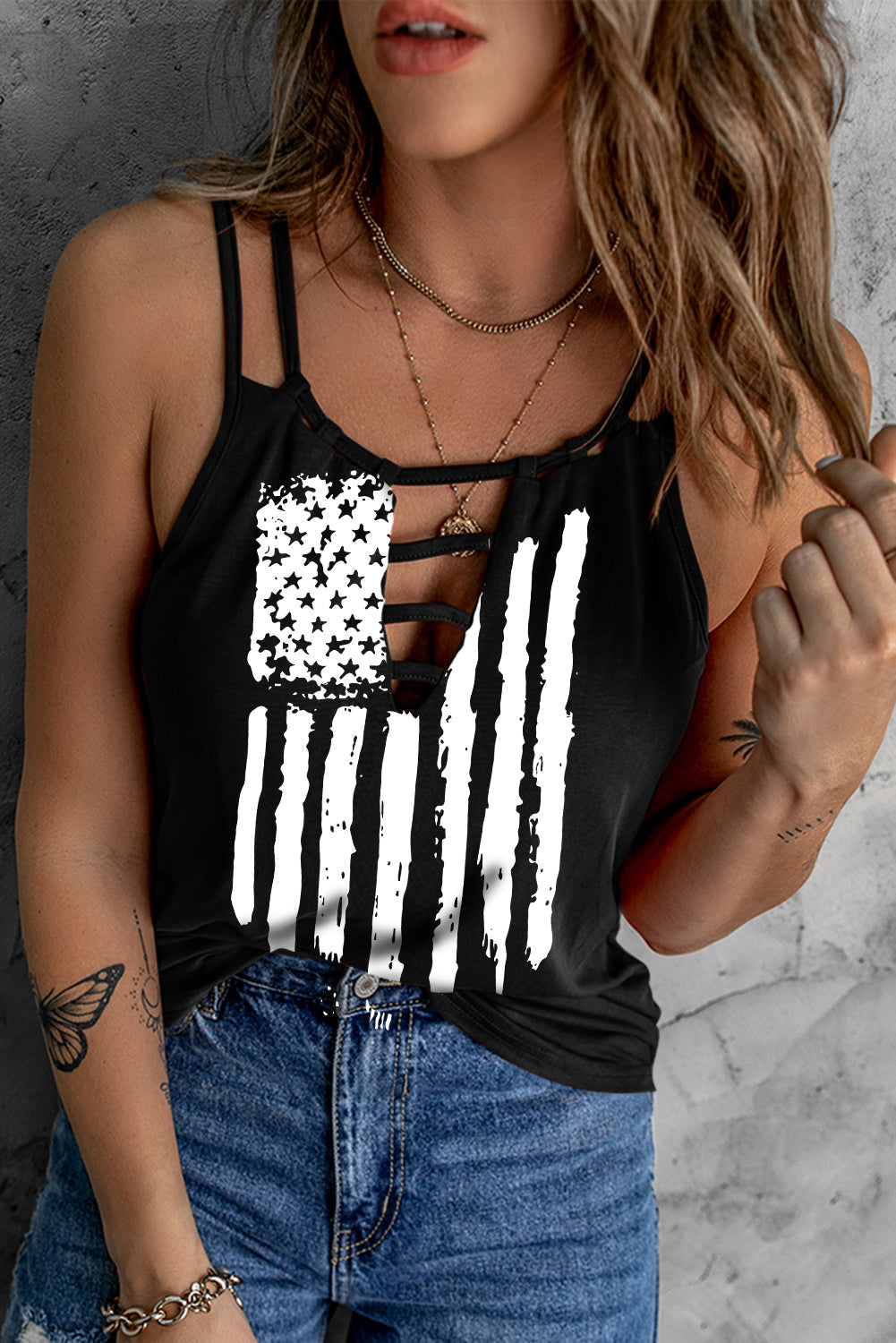 Black American Flag Print Cut Out Spaghetti Strap Tank Top From MsDressly