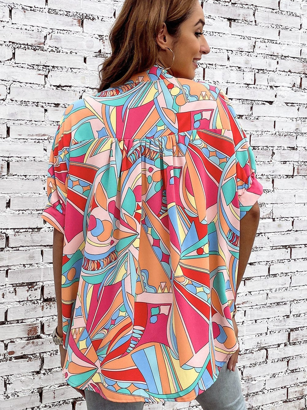 Abstract Geometry Print Puff Sleeve Blouse - Multicolor Shift Shirt from MsDressly