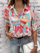 Abstract Geometry Print Puff Sleeve Blouse - Multicolor Shift Shirt from MsDressly