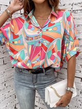 Abstract Geometry Print Puff Sleeve Blouse - Multicolor Shift Shirt from MsDressly