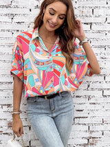 Abstract Geometry Print Puff Sleeve Blouse - Multicolor Shift Shirt from MsDressly