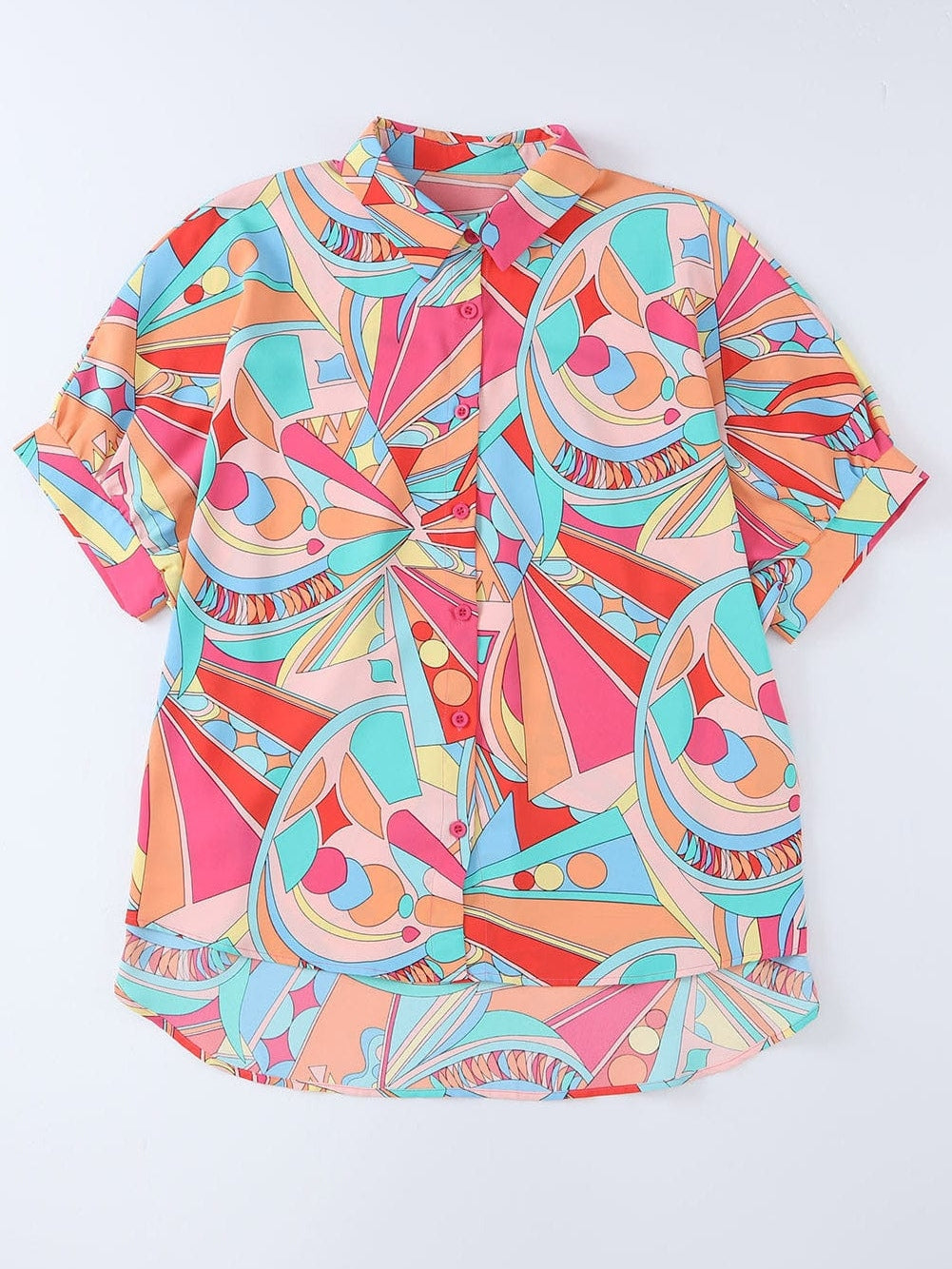 Abstract Geometry Print Puff Sleeve Blouse - Multicolor Shift Shirt from MsDressly
