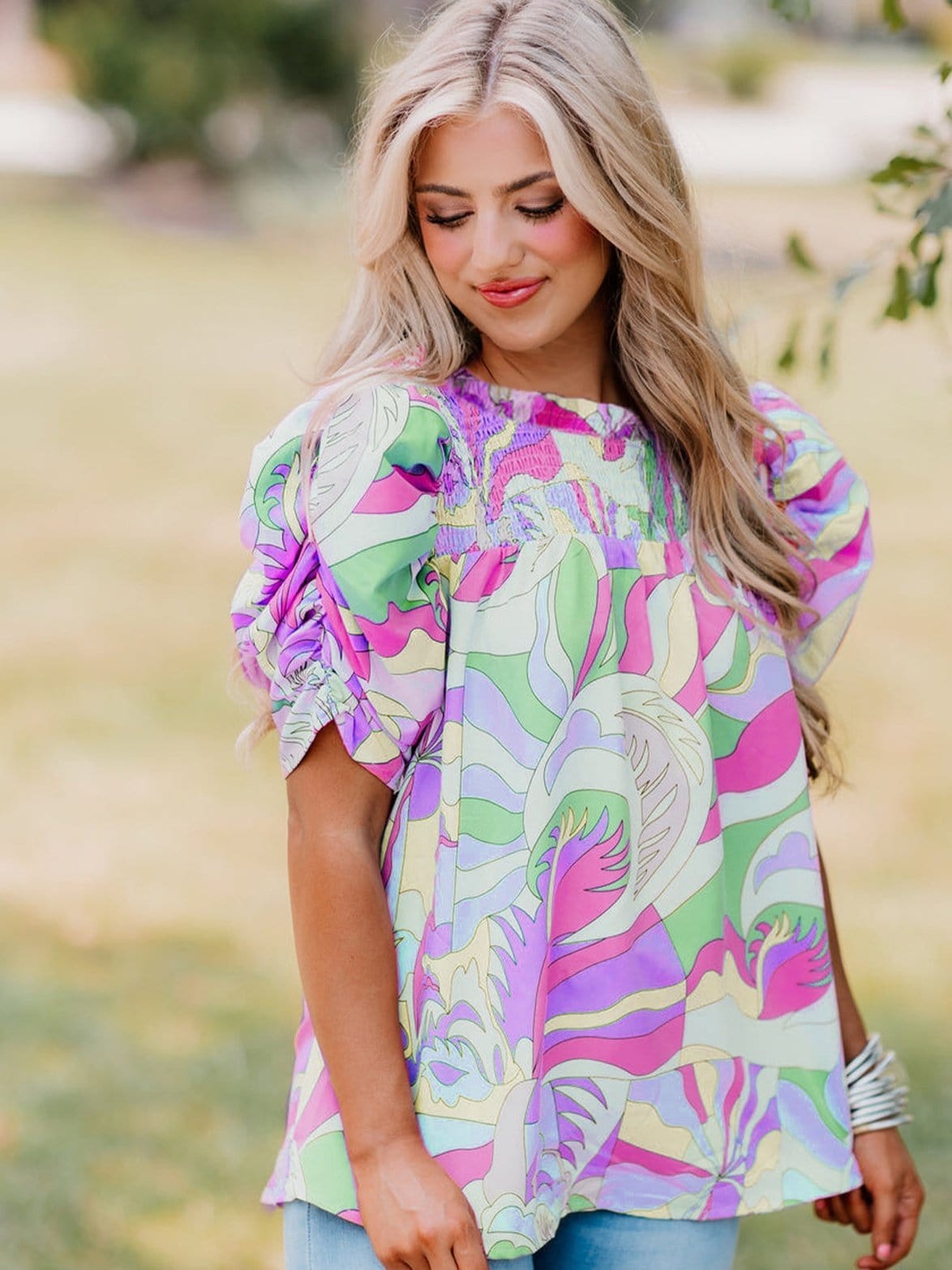 Abstract Green Bubble Sleeve Smocked Blouse with Unique Print from MsDressly