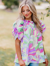 Abstract Green Bubble Sleeve Smocked Blouse with Unique Print from MsDressly