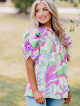 Abstract Green Bubble Sleeve Smocked Blouse with Unique Print from MsDressly