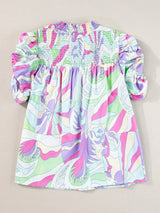 Abstract Green Bubble Sleeve Smocked Blouse with Unique Print from MsDressly