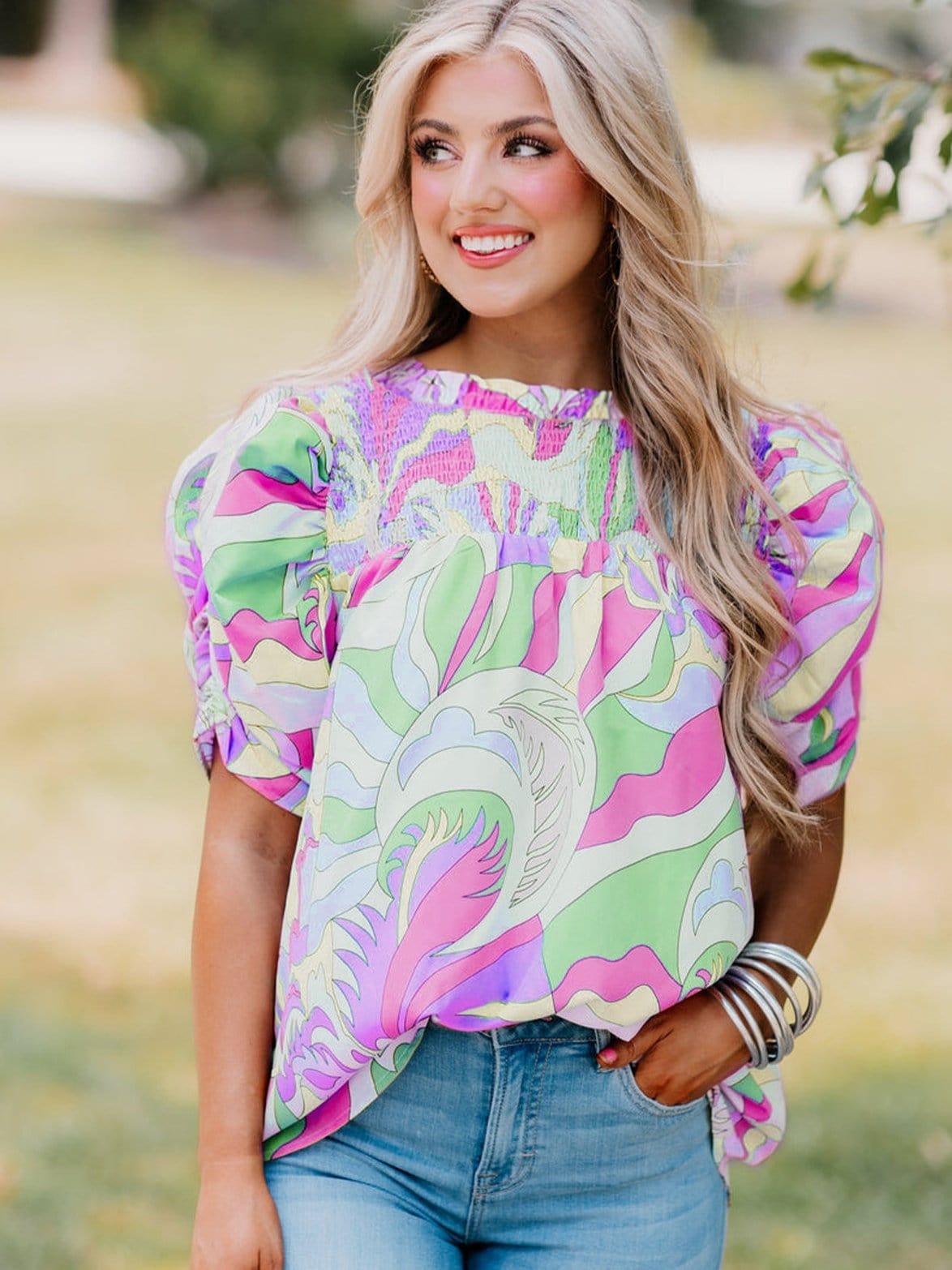 Abstract Green Bubble Sleeve Smocked Blouse with Unique Print from MsDressly