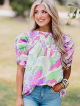 Abstract Green Bubble Sleeve Smocked Blouse with Unique Print from MsDressly