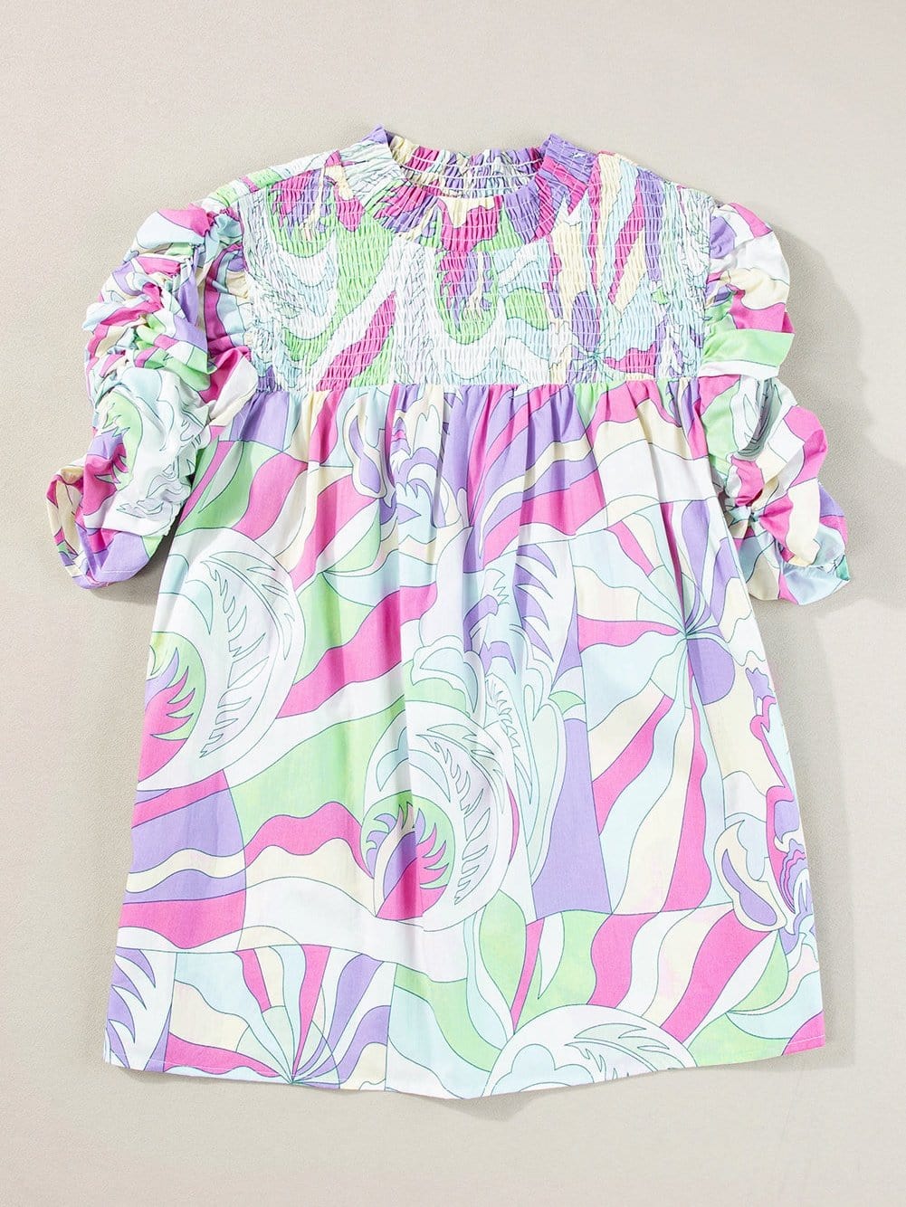 Abstract Green Bubble Sleeve Smocked Blouse with Unique Print from MsDressly