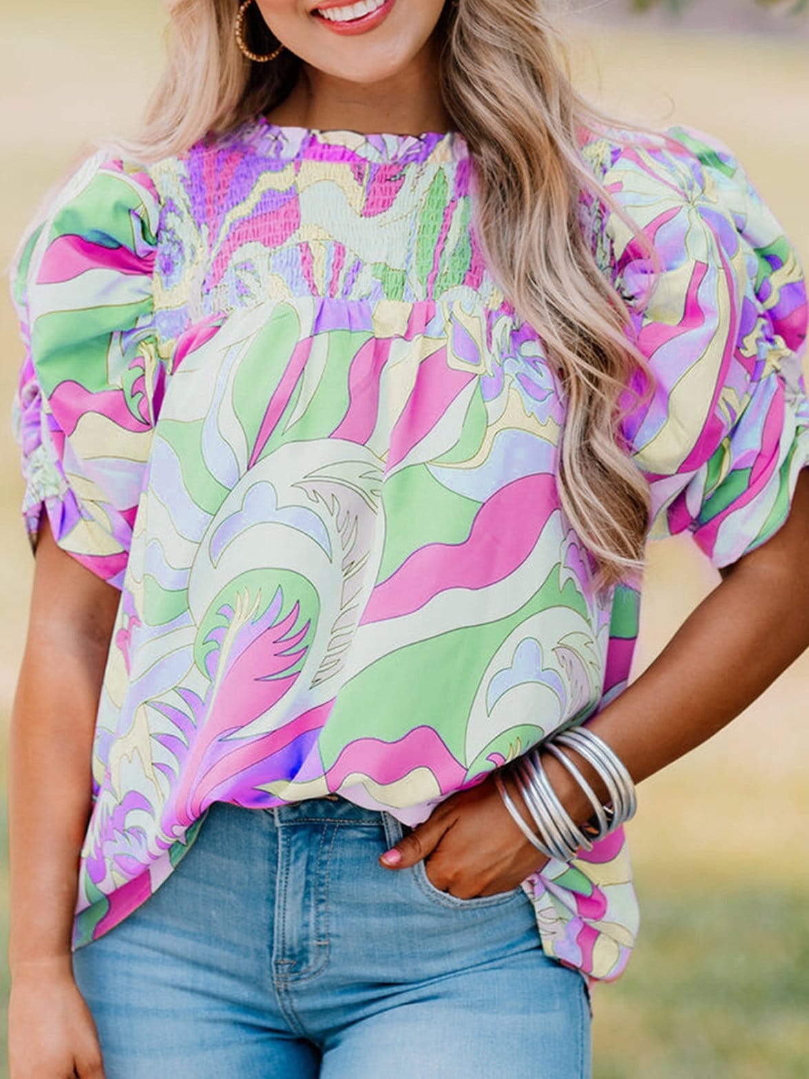 Abstract Green Bubble Sleeve Smocked Blouse with Unique Print from MsDressly