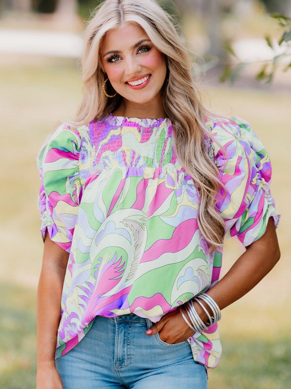 Abstract Green Bubble Sleeve Smocked Blouse with Unique Print from MsDressly