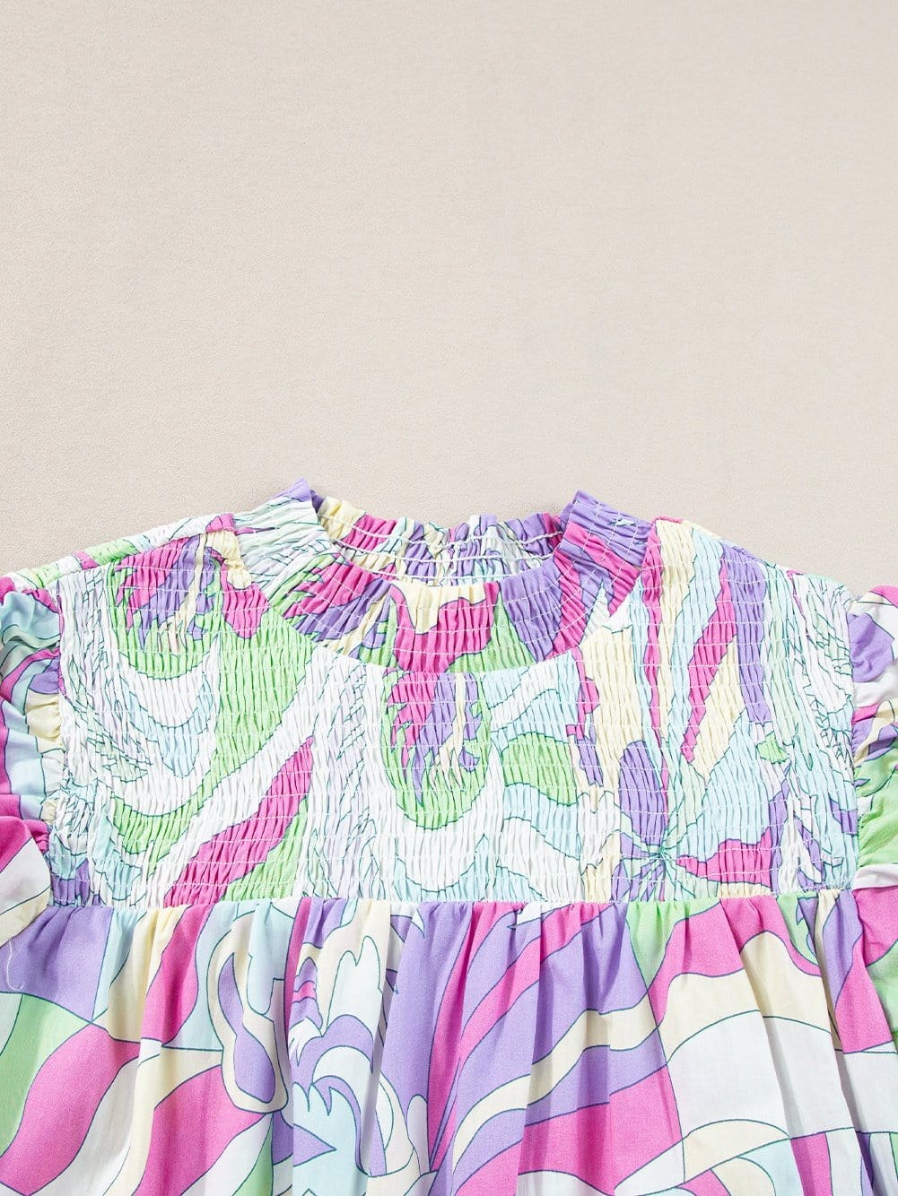 Abstract Green Bubble Sleeve Smocked Blouse with Unique Print from MsDressly