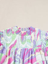 Abstract Green Bubble Sleeve Smocked Blouse with Unique Print from MsDressly
