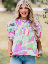 Abstract Green Bubble Sleeve Smocked Blouse with Unique Print from MsDressly
