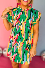 Abstract Green Ruffle Sleeve Mini Dress with Frilled Neck from MsDressly