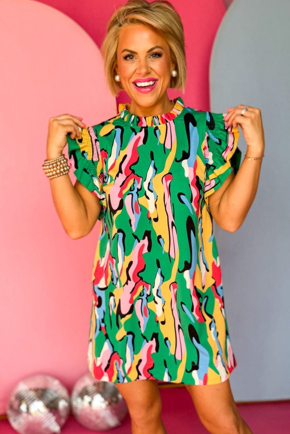 Abstract Green Ruffle Sleeve Mini Dress with Frilled Neck from MsDressly