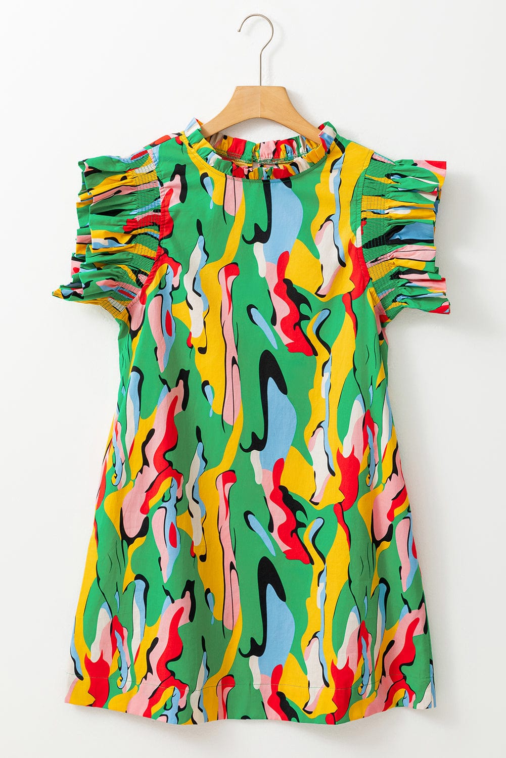 Abstract Green Ruffle Sleeve Mini Dress with Frilled Neck from MsDressly
