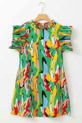 Abstract Green Ruffle Sleeve Mini Dress with Frilled Neck from MsDressly