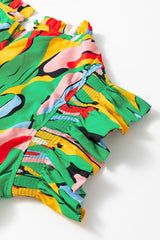 Abstract Green Ruffle Sleeve Mini Dress with Frilled Neck from MsDressly