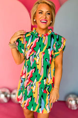 Abstract Green Ruffle Sleeve Mini Dress with Frilled Neck from MsDressly