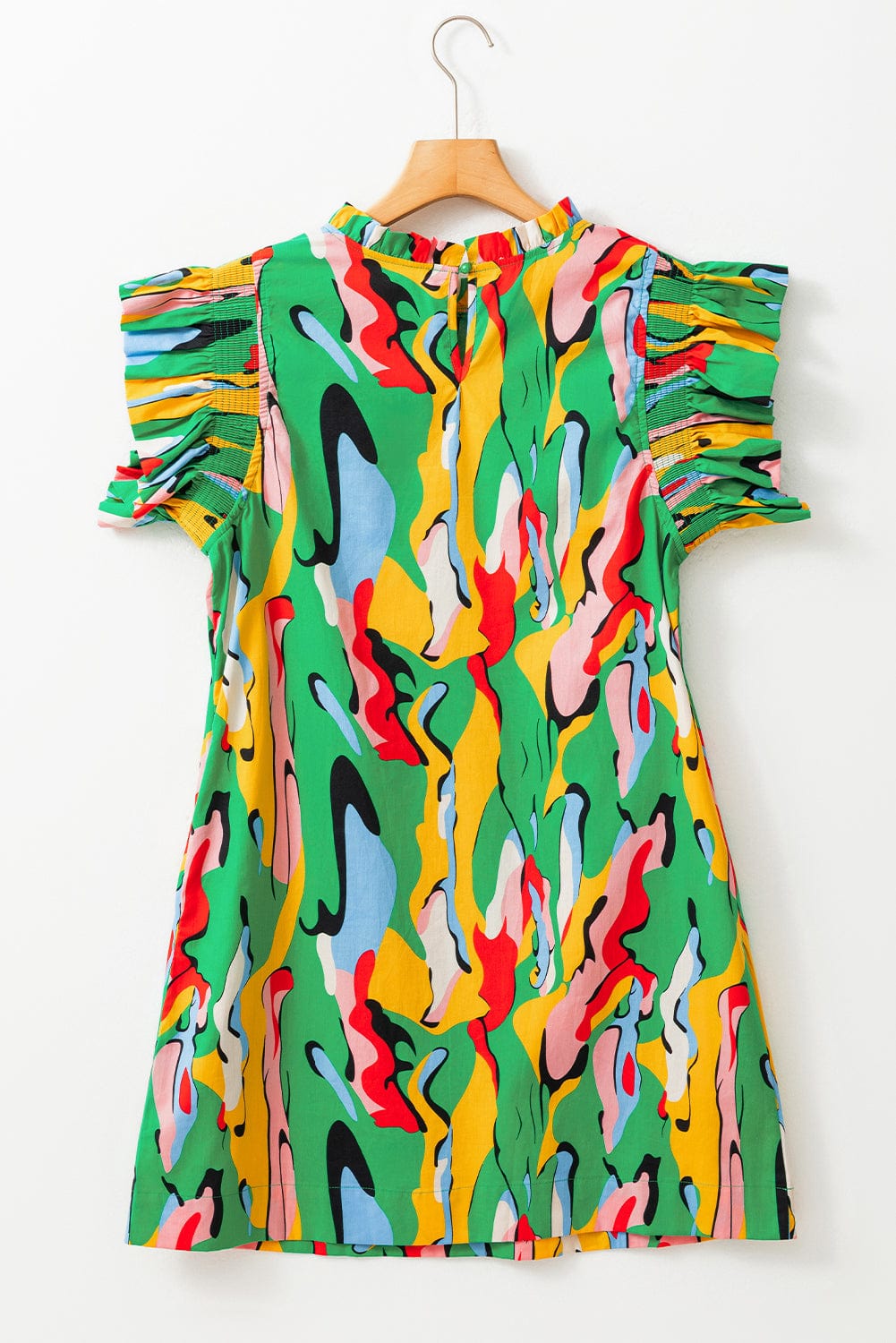 Abstract Green Ruffle Sleeve Mini Dress with Frilled Neck from MsDressly