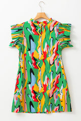 Abstract Green Ruffle Sleeve Mini Dress with Frilled Neck from MsDressly