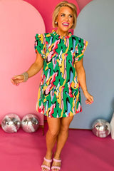 Abstract Green Ruffle Sleeve Mini Dress with Frilled Neck from MsDressly