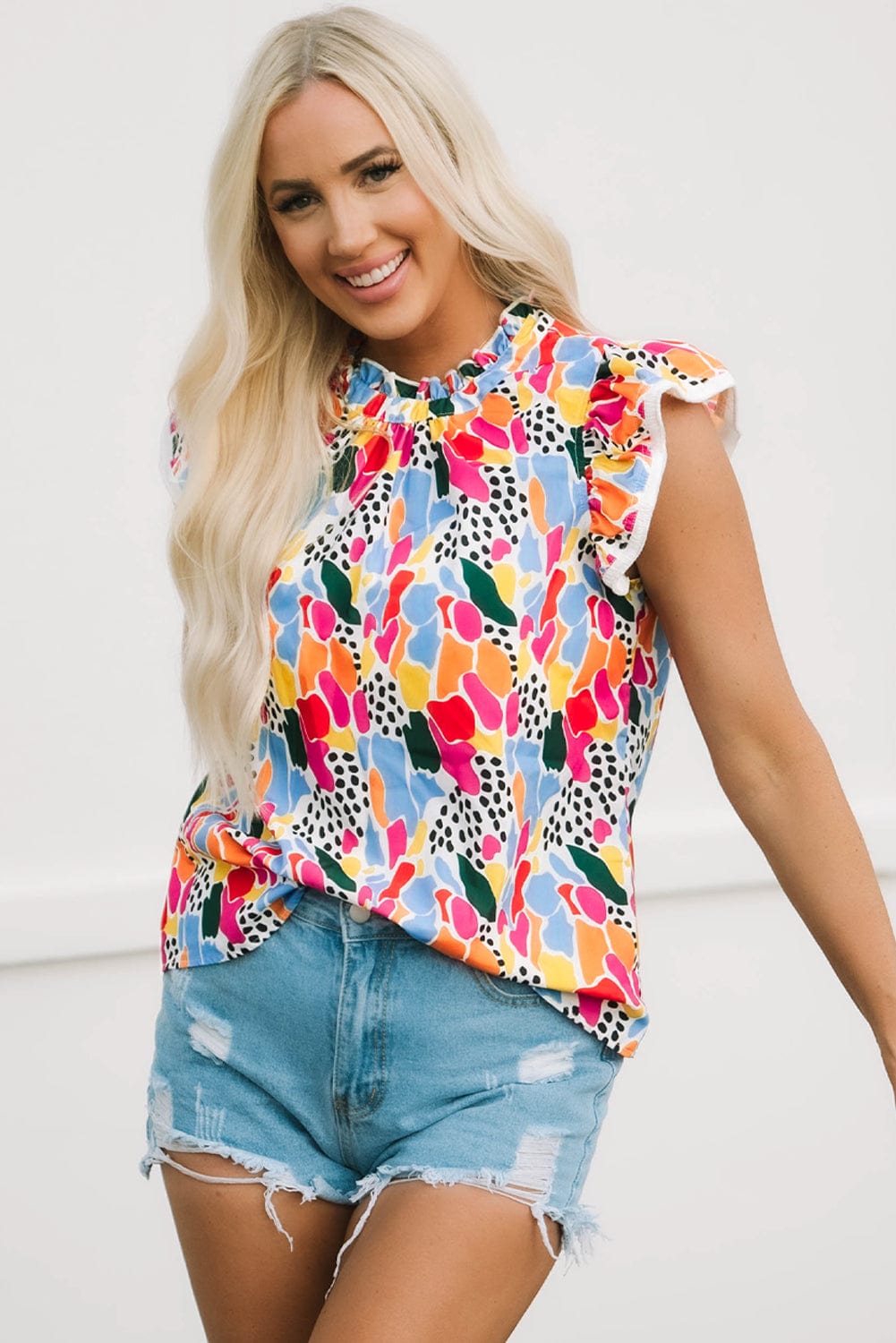 Abstract Print High Neck Flutter Sleeves Summer Top in Multicolor from MsDressly