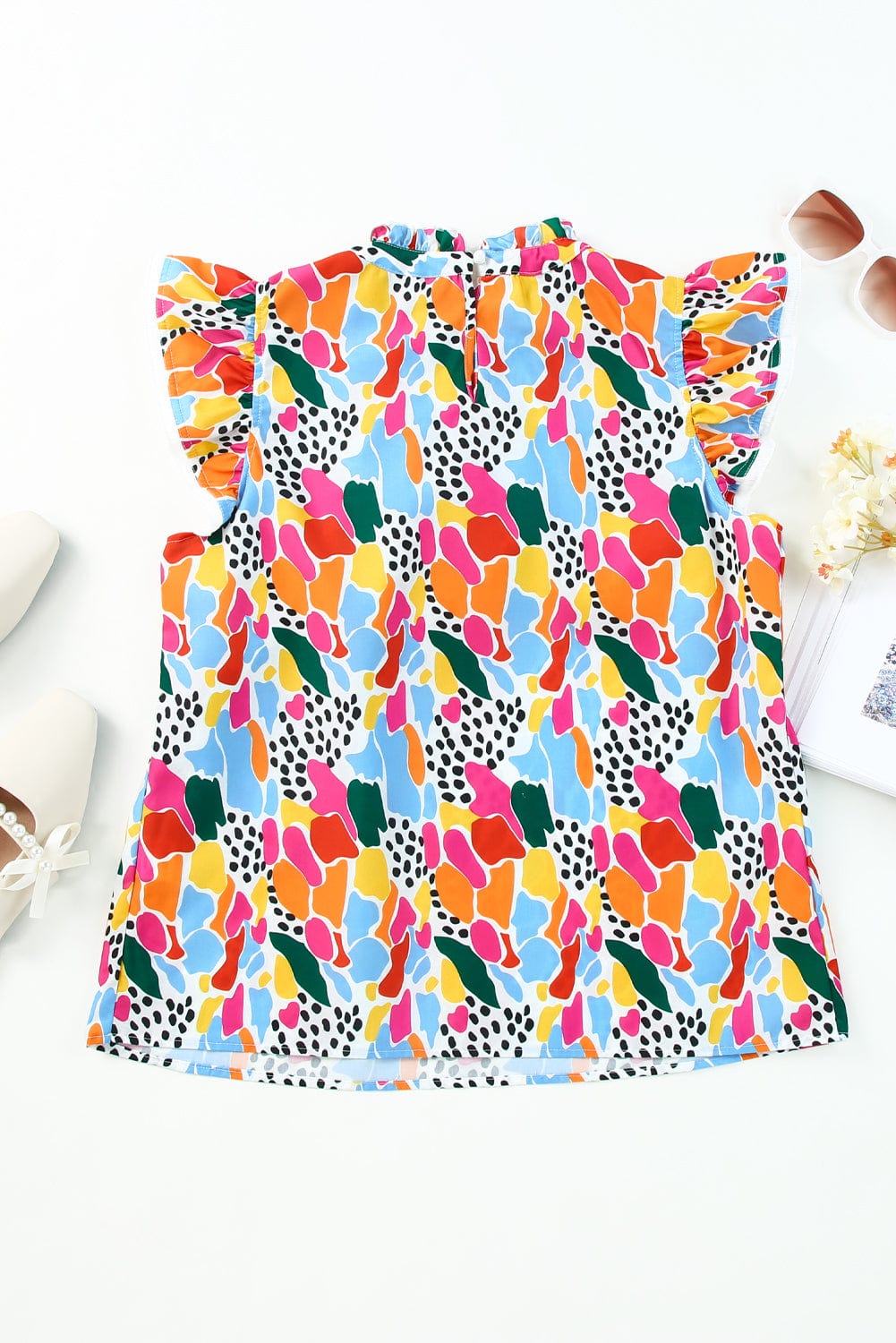 Abstract Print High Neck Flutter Sleeves Summer Top in Multicolor from MsDressly