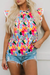 Abstract Print High Neck Flutter Sleeves Summer Top in Multicolor from MsDressly