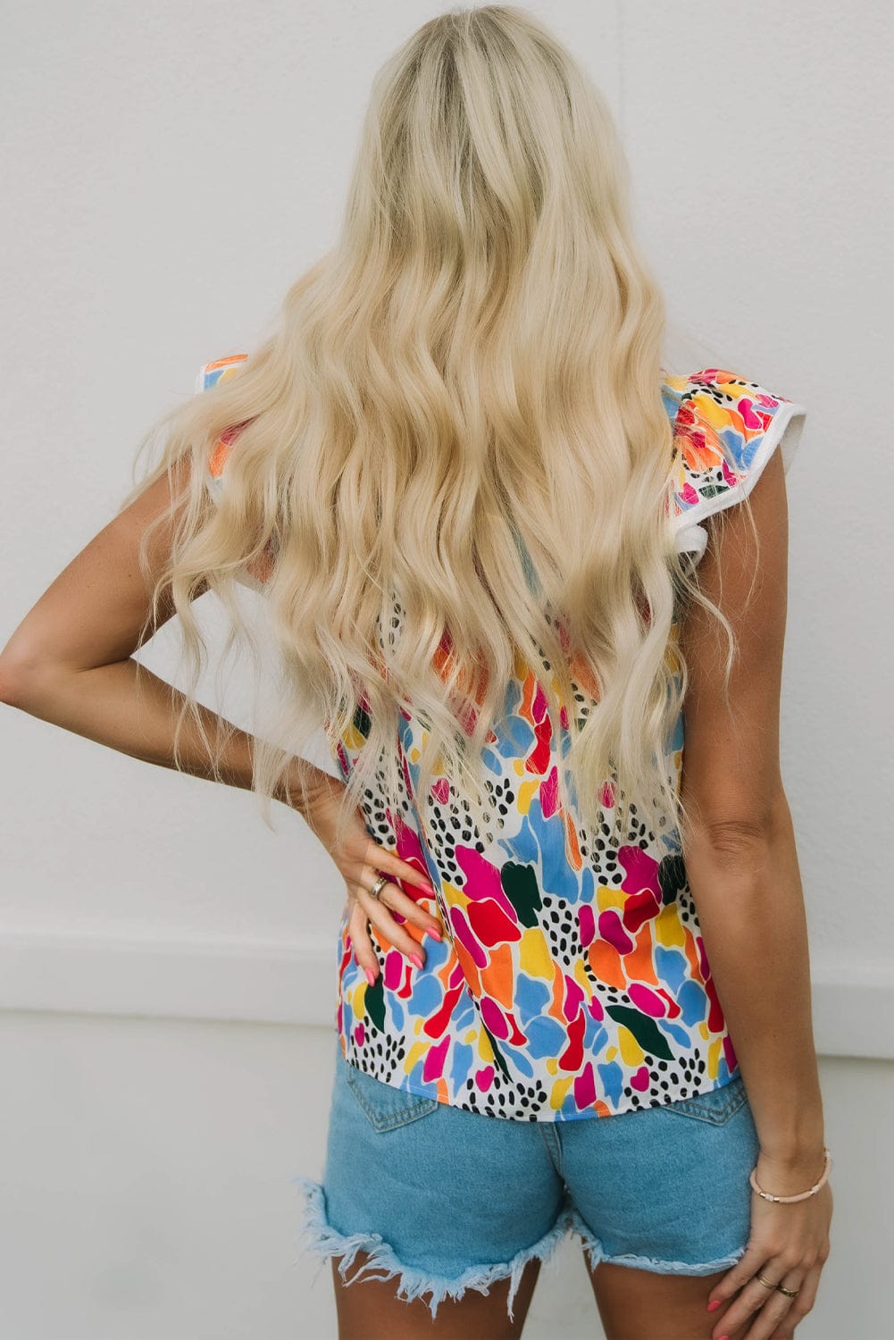 Abstract Print High Neck Flutter Sleeves Summer Top in Multicolor from MsDressly