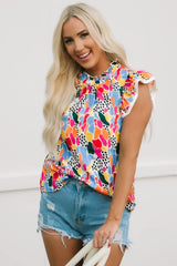 Abstract Print High Neck Flutter Sleeves Summer Top in Multicolor from MsDressly