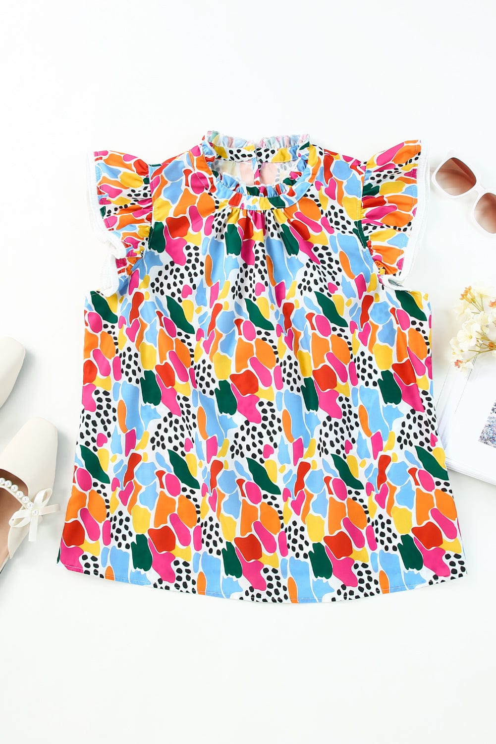 Abstract Print High Neck Flutter Sleeves Summer Top in Multicolor from MsDressly
