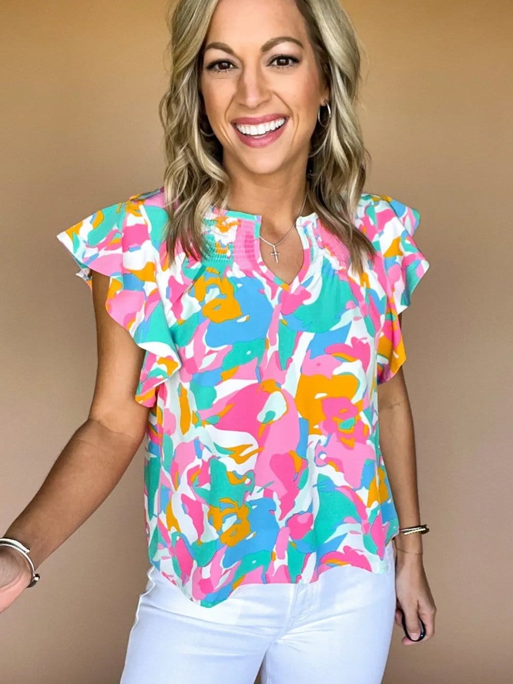 Abstract Print Notched Neck Flutter Sleeve Blouse with Multicolour Vibrancy from MsDressly