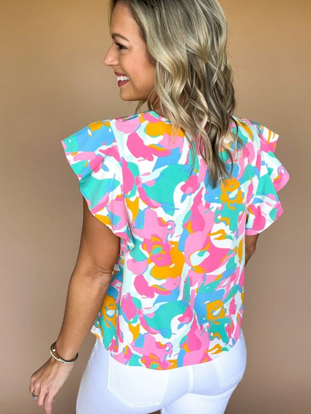 Abstract Print Notched Neck Flutter Sleeve Blouse with Multicolour Vibrancy from MsDressly