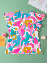 Abstract Print Notched Neck Flutter Sleeve Blouse with Multicolour Vibrancy from MsDressly
