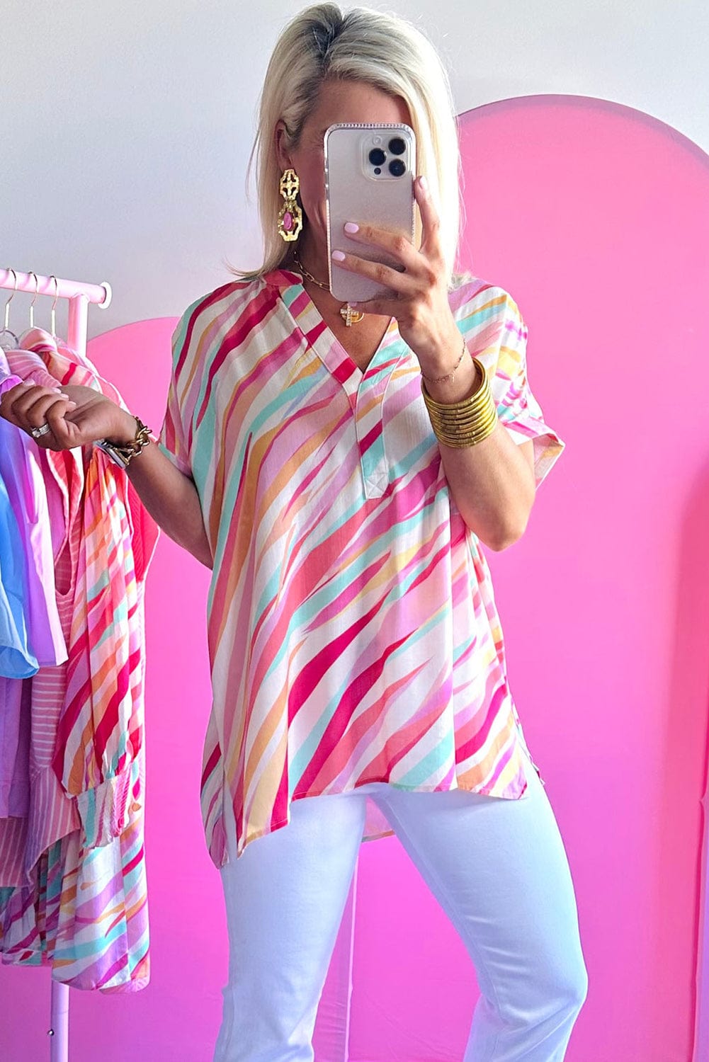 Abstract Print V-Neck High Low Blouse with Short Sleeves from MsDressly