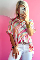 Abstract Print V-Neck High Low Blouse with Short Sleeves from MsDressly