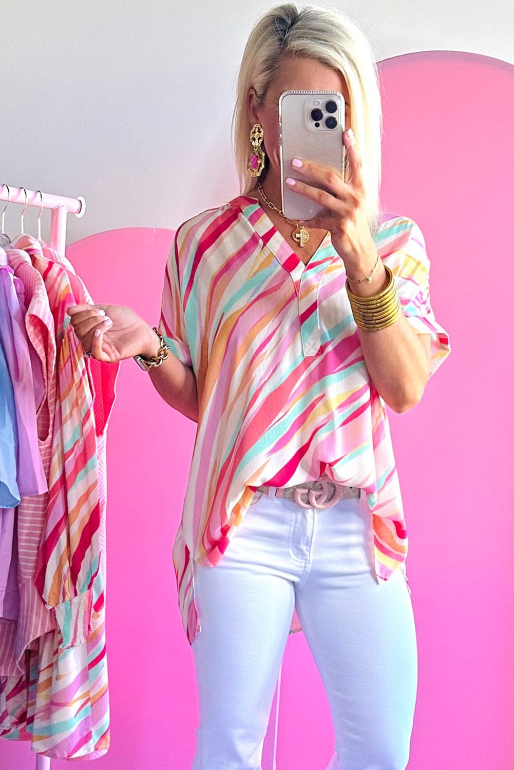 Abstract Print V-Neck High Low Blouse with Short Sleeves from MsDressly